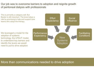 New
Systems
Adoption
Performance
Expectancy
Effort
Expectancy
Social
Influence
Facilitating
Conditions
This is primarily a category sell. But
Baxter is still important. The brand plays a
role by promising to help and support care
teams who adopt the therapy
More than communications needed to drive adoption
Our job was to overcome barriers to adoption and reignite growth
of peritoneal dialysis with professionals
We leveraged a model for the
adoption of systems
technology, the UTAUT model,
to understand key barriers and
identify the levers we would
need to pull to drive adoption
 