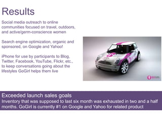Social media outreach to online
communities focused on travel, outdoors,
and active/germ-conscience women
Search engine optimization, organic and
sponsored, on Google and Yahoo!
iPhone for use by participants to Blog,
Twitter, Facebook, YouTube, Flickr, etc.,
to keep conversations going about the
lifestyles GoGirl helps them live
Exceeded launch sales goals
Inventory that was supposed to last six month was exhausted in two and a half
months. GoGirl is currently #1 on Google and Yahoo for related product
searches
Results
 