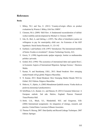 112	
References
Books
1. Bilkey, W.J. and Nes, E. (2011) ‘Country-of-origin effects on product
evaluations by Warren J. Bilkey, Erik Nes: SSRN’.
2. Clemens, M.A. (2009) ‘Skill flow: A fundamental reconsideration of skilled-
worker mobility and development by Michael A. Clemens: SSRN’.
3. Eek, D., Biel, A, and Gärling, t. (1997). The effect of distributive justice on
willingness to pay for municipality child care: An Extension of the GEF
hypothesis. Social Justice Research, 11, 121-142
4. Gaillard, J. and Gaillard, A.M. (1997) ‘Introduction: The international mobility
of brains: Exodus or circulation?’, Science Technology Society, 2(2).
5. Grecic, V. (1998) Jugoslovenske spoljne migracije. Institut za međunarodnu
politiku i privredu.
6. Grubel, H.G. (1994) ‘The economics of international labor and capital flows’,
in Economic Aspects of International Migration. Springer Science + Business
Media.
7. Kumar, N. and Steenkamp, J.B.E., 2013. Brand breakout: How emerging
market brands will go global. Palgrave Macmillan.
8. N. Kumar, 2013. Brand Breakout: How Emerging Market Brands Will Go
Global. 2013 Edition. Palgrave Macmillan.
9. Petkovic, V., Djokic, A. (2005) Menadzment ljudskih resursa. Visoka skola za
poslovnu ekonomiju I preduzetnistvo.
10. Schiffman, L.G., Kanuk, L.L. and Hansen, H. (2011) Consumer behaviour: A
European outlook. 2nd edn. Harlow, England: Pearson Financial
Times/Prentice Hall.
11. Stroh, L.K., Black, S.J., Mendenhall, M.E. and Gregersen, H.B.
(2004) International assignments: An integration of strategy, research, and
practice. United States: Lawrence Erlbaum Associates.
12. Thomas N. Herzog, 2007. Data Quality and Record Linkage Techniques. 2007
Edition. Springer.
 
