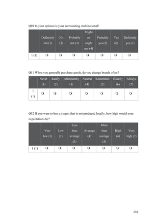 135	
Q10 In your opinion is your surrounding multinational?
Definitely
not (1)
No
(2)
Probably
not (3)
Might
or
might
not (4)
Probably
yes (5)
Yes
(6)
Definitely
yes (7)
1 (1) m 	 m 	 m 	 m 	 m 	 m 	 m 	
Q11 When you generally purchase goods, do you change brands often?
Never
(1)
Rarely
(2)
Infrequently
(3)
Neutral
(4)
Sometimes
(5)
Usually
(6)
Always
(7)
1
(1)
m 	 m 	 m 	 m 	 m 	 m 	 m 	
Q12 If you were to buy a yogurt that is not produced locally, how high would your
expectations be?
Very
low (1)
Low
(2)
Less
than
average
(3)
Average
(4)
More
than
average
(5)
High
(6)
Very
high (7)
1 (1) m 	 m 	 m 	 m 	 m 	 m 	 m 	
 