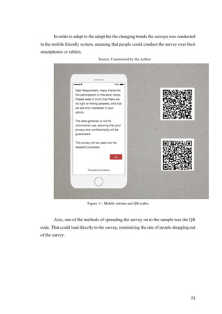 72	
In order to adapt to the adopt the the changing trends the surveys was conducted
in the mobile friendly system, meaning that people could conduct the survey over their
smartphones or tablets.
Source: Constructed by the Author
Figure 11. Mobile version and QR codes
Also, one of the methods of spreading the survey on to the sample was the QR
code. That could lead directly to the survey, minimizing the rate of people dropping out
of the survey.
 