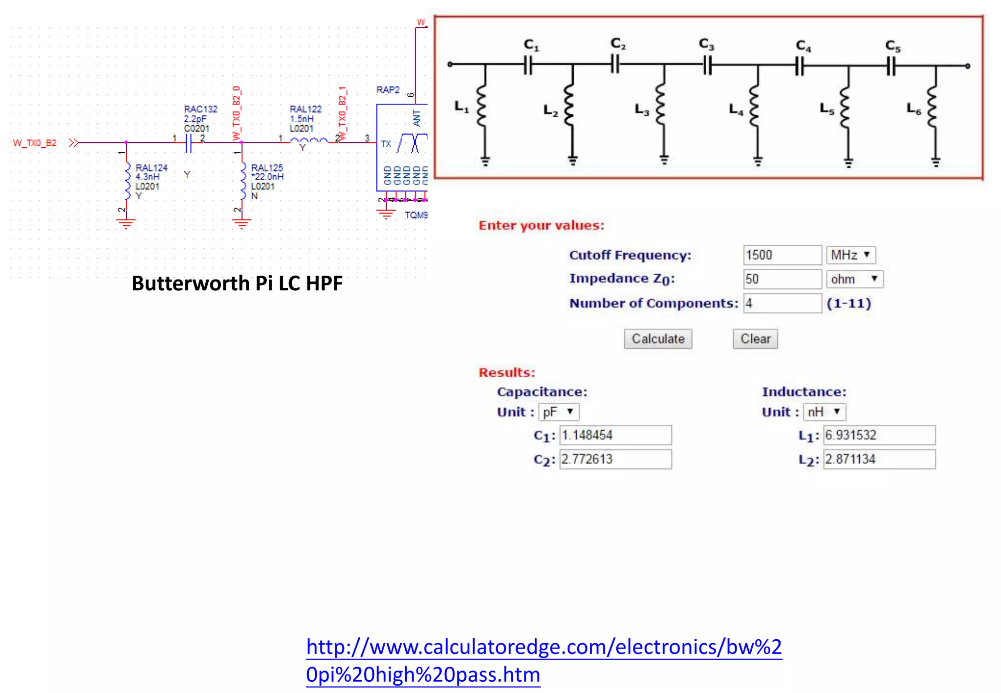 Butterworth Pi LC HPF
http://www.calculatoredge.com/electronics/bw%2
0pi%20high%20pass.htm
 