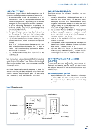 MAINTENANCE MANUAL F O R LABORATORY EQUIPMENT 
101 
INCUBATOR CONTROLS 
The diagram shown in Figure 40 illustrates the type of 
controls normally found in recent models of incubators. 
1. A main switch for turning the equipment on or off. 
Some manufacturers include a protection breaker. The 
switch has two positions: ON position [I], the incubator is 
energized. In position [O], the incubator is turned OFF. 
2. A screen displaying the selected parameters. For 
example: selected temperature, alarm temperature 
(maximum and minimum). 
3. Two control buttons are normally identifi ed as Menu 
and Selection or Set. These allow the incubator to be 
programmed and to determine the alarm thresholds. 
4. Two selection buttons for temperature adjustment. The 
selection buttons are used in combination with control 
buttons. 
5. A set of LED displays signalling the operational state. 
If the heating system is in operation, the LED reads as 
“Heat”. If the incubator is being programmed, the LED 
display reads as “Program”. 
6. The selection and control buttons are located on the 
control panel. 
Each manufacturer uses controls suitable for the incubator’s 
design: in general, incubators have the controls mentioned 
above. Instructions are found in user manuals provided by 
the manufacturers. 
In general, the parameter desired is selected by using the 
Menu button. Using the selection button(s), parameters are 
adjusted until reaching the desired point. The selection is 
then confi rmed by using the Selection or Set button. 
INSTALLATION REQUIREMENTS 
Incubators require the following conditions for their 
functioning: 
1. An electrical connection complying with the electrical 
standards used in the country. The electrical outlet 
feeding the incubator must not be more than 1.5 m 
away from the incubator. The electrical connection must 
supply a voltage of 120 V, 60 Hz or 220-240 V, 50/60 Hz 
and have its own ground connection. 
2. Free space on the sides and back of the equipment 
to allow a passage for cables and ventilation required 
for the incubator’s normal functioning. This space is 
estimated between 5 and 10 cm. 
3. An area in the laboratory where the temperature 
variation is minimal. 
4. A fi rm, levelled table or counter, capable of supporting 
the incubator’s weight. The weight of an incubator with 
three shelves is between 60 and 80 kg. 
5. Pressure regulators, hoses and connections for 
incubators using carbon dioxide (CO2), as well as anchors 
permitting the high pressure CO2 tank to be secured. 
ROUTINE MAINTENANCE AND USE OF THE 
INCUBATOR 
The general operation and routine maintenance for 
incubators are featured next. The specifi c procedures must 
be followed according to the recommendation of each 
manufacturer. 
Recommendations for operation 
1. Do not use an incubator in the presence of fl ammable 
or combustible materials as components inside of 
this equipment could act as ignition sources during 
operation. 
LED Indicators (5) 
Control Panel (6) 
Programme 
Alarm 
Control Buttons (3) Selection Buttons (4) 
On Position 
Off Position 
Main Switch (1) 
Display Screen (2) 
Menu 
Selec 
C 
Heat 
Figure 40. Incubator controls 
 