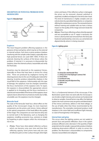 MAINTENANCE MANUAL F O R LABORATORY EQUIPMENT 
109 
DESCRIPTION OF POTENTIAL PROBLEMS WITH 
MICROSCOPES 
Eyepieces 
The most frequent problem affecting eyepieces is the 
presence of dust and grime, which may be on the external 
or internal surfaces. Such dust or grime produce shadows 
interfering with the sample under analysis, especially when 
high powered lenses are used (40X–100X). If these are 
external, cleaning the surfaces of the lenses solves the 
problem. If internal, it is necessary to disassemble the 
eyepiece, clean the internal surfaces, reassemble and verify 
the fi nal state. 
Scratches may be observed on the eyepieces’ lenses, 
especially on those that have been in service for a long 
time. These are produced by negligence during the 
cleaning process due to the use of inadequate material for 
cleaning. Scratches produce cobweb-like shadows in the 
visual fi eld of the eyepieces. Unfortunately with this type 
of damage, the eyepieces must be changed. Sometimes 
the focus mechanisms of the eyepiece stick. To repair, 
the eyepiece is disassembled; the appropriate solvent 
is applied to its threading and the focus mechanism is 
cleaned and reassembled. If the lenses of the eyepiece show 
ruptures due to abnormal circumstances (marks due to falls, 
unsuitable use), the eyepieces must be changed. 
Binocular head 
The state of the binocular head has a direct eff ect on the 
quality of the microscope’s image. Its most important 
components are the prisms and mirrors. Grime adhered 
to the optical components of the head aff ects the quality 
of the image. This component can even become dirty due 
to normal work in the laboratory, such as changing the 
eyepieces, installing accessories (e.g., cameras) or simply 
by forgetting to place stoppers when the microscope is 
not in use. 
• Prisms. These have silver-plated reflective surfaces 
which can become rusty over time and lose their 
refl ecting capacity. Some prisms have only one coat 
of refl ective paint on their surface through which light 
enters and leaves. If the refl ective surface is damaged, 
the prism can be removed, cleaned, polished or 
repainted, installed and aligned in the binoculars head. 
This kind of maintenance is highly complex and can 
only be done by specialized laboratories or companies 
off ering this maintenance service. The removal of prisms 
without training and suitable tools can have a serious 
impact on the quality of the image and even break the 
component. 
• Mirrors. These have refl ecting surfaces directly exposed 
and are susceptible to rust. If repair is necessary, the 
mirror is dismounted and removed from the binocular 
head and substituted by a new one, cut, cemented and 
aligned directly where it is being mounted. 
Figure 46. Lighting system 
This is a fundamental element of the microscope. If the 
illumination system does not work well, the microscope is 
out of order as light intensity and contrast are fundamental 
to observe samples. Several factors may aff ect the lighting 
system; the most common ones are grime and deterioration 
of the mirrors and lenses, defects in the feed voltage, or 
the use of bulbs other than those recommended by the 
manufacturers. The anomalies mentioned produce small 
shadows in the vision fi eld and insuffi cient light intensity, 
or a lack of homogeneity in the lighting. 
Internal dust and grime 
This occurs when the lighting systems are not sealed to 
prevent dust and particle infi ltration. Dust in the system 
produces diff usion and a decrease in the quantity of light 
projected onto the sample. Large particles produce shadows 
rendering observations diffi cult. In order to correct the 
problem, the illuminator is disassembled, its components 
cleaned, reassembled and realigned. 
Figure 45. Binocular head 
 