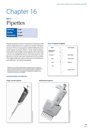 MAINTENANCE MANUAL F O R LABORATORY EQUIPMENT 
119 
Chapter 16 
Pipettes 
GMDN Code 15166 
ECRI Code 15-166 
Denomination Pipettes 
Pipettes are devices used for measuring or transferring small 
volumes of liquid from one container to another with great 
precision. There are many pipette models. Initially, they were 
made of glass; at present, there is a wide range of options. 
Fixed volume and variable volume pipettes with mechanical 
controls are highlighted herein. Recently, pipettes with 
electronic controls have been introduced into the market. 
This chapter deals with aspects referring to the maintenance 
and calibration1 of mechanical pipettes. 
1 Calibration must be done exclusively by trained personnel according to 
current international standards as BS ES ISO 8655-6:2002 or updated ones. 
Reference work instruments must be suitably calibrated by national or 
international institutions, responsible for verifying the compliance with 
international measurement standards. 
PHOTOGRAPHS OF PIPETTES 
Figure 50. Diagram of a pipette 
Single channel pipette Multichannel pipette 
Photo courtesy of Gilson S.A.S. 
Photo courtesy of Eppendorf AG 
 