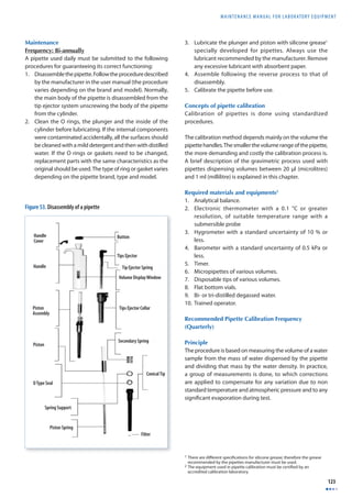 MAINTENANCE MANUAL F O R LABORATORY EQUIPMENT 
123 
Maintenance 
Frequency: Bi-annually 
A pipette used daily must be submitted to the following 
procedures for guaranteeing its correct functioning: 
1. Disassemble the pipette. Follow the procedure described 
by the manufacturer in the user manual (the procedure 
varies depending on the brand and model). Normally, 
the main body of the pipette is disassembled from the 
tip ejector system unscrewing the body of the pipette 
from the cylinder. 
2. Clean the O rings, the plunger and the inside of the 
cylinder before lubricating. If the internal components 
were contaminated accidentally, all the surfaces should 
be cleaned with a mild detergent and then with distilled 
water. If the O rings or gaskets need to be changed, 
replacement parts with the same characteristics as the 
original should be used. The type of ring or gasket varies 
depending on the pipette brand, type and model. 
3. Lubricate the plunger and piston with silicone grease1 
specially developed for pipettes. Always use the 
lubricant recommended by the manufacturer. Remove 
any excessive lubricant with absorbent paper. 
4. Assemble following the reverse process to that of 
disassembly. 
5. Calibrate the pipette before use. 
Concepts of pipette calibration 
Calibration of pipettes is done using standardized 
procedures. 
The calibration method depends mainly on the volume the 
pipette handles. The smaller the volume range of the pipette, 
the more demanding and costly the calibration process is. 
A brief description of the gravimetric process used with 
pipettes dispensing volumes between 20 μl (microlitres) 
and 1 ml (millilitre) is explained in this chapter. 
Required materials and equipments2 
1. Analytical balance. 
2. Electronic thermometer with a 0.1 °C or greater 
resolution, of suitable temperature range with a 
submersible probe 
3. Hygrometer with a standard uncertainty of 10 % or 
less. 
4. Barometer with a standard uncertainty of 0.5 kPa or 
less. 
5. Timer. 
6. Micropipettes of various volumes. 
7. Disposable tips of various volumes. 
8. Flat bottom vials. 
9. Bi- or tri-distilled degassed water. 
10. Trained operator. 
Recommended Pipette Calibration Frequency 
(Quarterly) 
Principle 
The procedure is based on measuring the volume of a water 
sample from the mass of water dispensed by the pipette 
and dividing that mass by the water density. In practice, 
a group of measurements is done, to which corrections 
are applied to compensate for any variation due to non 
standard temperature and atmospheric pressure and to any 
signifi cant evaporation during test. 
1 There are diff erent specifi cations for silicone grease; therefore the grease 
recommended by the pipettes manufacturer must be used. 
2 The equipment used in pipette calibration must be certifi ed by an 
accredited calibration laboratory. 
Handle 
Cover 
Handle 
Piston 
Assembly 
Piston 
O Type Seal 
Spring Support 
Piston Spring 
Tips Ejector 
Tip Ejector Spring 
Volume Display Window 
Tips Ejector Collar 
Secondary Spring 
Conical Tip 
Filter 
Button 
Figure 53. Disassembly of a pipette 
 
