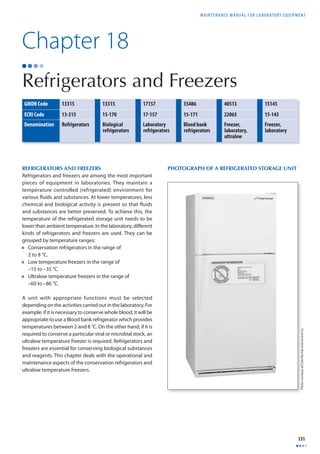 MAINTENANCE MANUAL F O R LABORATORY EQUIPMENT 
Photo courtesy of Cole-Parmer Instrument Co. 
131 
Chapter 18 
Refrigerators and Freezers 
GMDN Code 13315 13315 17157 35486 40513 15145 
ECRI Code 13-315 15-170 17-157 15-171 22065 15-145 
Denomination Refrigerators Biological 
PHOTOGRAPH OF A REFRIGERATED STORAGE UNIT 
refrigerators 
Laboratory 
refrigerators 
Blood bank 
refrigerators 
Freezer, 
laboratory, 
ultralow 
Freezer, 
laboratory 
REFRIGERATORS AND FREEZERS 
Refrigerators and freezers are among the most important 
pieces of equipment in laboratories. They maintain a 
temperature controlled (refrigerated) environment for 
various fl uids and substances. At lower temperatures, less 
chemical and biological activity is present so that fl uids 
and substances are better preserved. To achieve this, the 
temperature of the refrigerated storage unit needs to be 
lower than ambient temperature. In the laboratory, diff erent 
kinds of refrigerators and freezers are used. They can be 
grouped by temperature ranges: 
• Conservation refrigerators in the range of 
2 to 8 °C. 
• Low temperature freezers in the range of 
–15 to –35 °C. 
• Ultralow temperature freezers in the range of 
–60 to –86 °C. 
A unit with appropriate functions must be selected 
depending on the activities carried out in the laboratory. For 
example: if it is necessary to conserve whole blood, it will be 
appropriate to use a Blood bank refrigerator which provides 
temperatures between 2 and 8 °C. On the other hand, if it is 
required to conserve a particular viral or microbial stock, an 
ultralow temperature freezer is required. Refrigerators and 
freezers are essential for conserving biological substances 
and reagents. This chapter deals with the operational and 
maintenance aspects of the conservation refrigerators and 
ultralow temperature freezers. 
 
