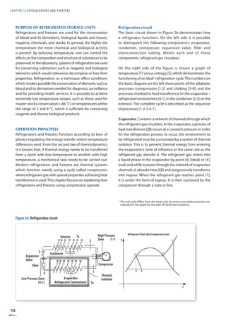 CHAPTER 18 R E F R I G E RATORS AND F R E E Z E R S 
132 
PURPOSE OF REFRIGERATED STORAGE UNITS 
Refrigerators and freezers are used for the conservation 
of blood and its derivatives, biological liquids and tissues, 
reagents, chemicals, and stocks. In general, the higher the 
temperature the more chemical and biological activity 
is present. By reducing temperature, one can control the 
eff ects on the composition and structure of substances to be 
preserved. In the laboratory, systems of refrigeration are used 
for conserving substances such as reagents and biological 
elements which would otherwise decompose or lose their 
properties. Refrigeration, as a technique off ers conditions 
which renders possible the conservation of elements such as 
blood and its derivatives needed for diagnosis, surveillance 
and for providing health services. It is possible to achieve 
extremely low temperature ranges, such as those used for 
master stocks conservation (–86 °C) or temperatures within 
the range of 2 and 8 °C, which is suffi cient for conserving 
reagents and diverse biological products. 
OPERATION PRINCIPLES 
Refrigerators and freezers function according to laws of 
physics regulating the energy transfer where temperature 
diff erences exist. From the second law of thermodynamics 
it is known that, if thermal energy needs to be transferred 
from a point with low temperature to another with high 
temperature, a mechanical task needs to be carried out. 
Modern refrigerators and freezers are thermal systems 
which function mainly using a cycle called compression, 
where refrigerant gas with special properties achieving heat 
transference is used. This chapter focuses on explaining how 
refrigerators and freezers using compression operate. 
High Pressure 
Zone 
Exterior Ta 
Qh Qh Qh Qh Qh Qh Qh 2 
3 Condenser 
Expansion 
Valve 
Filter 
4 
Low Pressure Zone 
[4-1] 
QI QI QI QI QI QI QI 
Evaporator 
Refrigerator Environment Ta 
[2-3] 
Refrigerant Fluid: Ideal Compression Cycle 
2 
3 2’ 
4’ 4 
S 
T 
Compressor 
Thermal 
Isolation 
1 
Figure 56. Refrigeration circuit 
Refrigeration circuit 
The basic circuit shown in Figure 56 demonstrates how 
a refrigerator functions. On the left side it is possible 
to distinguish the following components: evaporator, 
condenser, compressor, expansion valve, filter and 
interconnection tubing. Within each one of these 
components, refrigerant gas circulates. 
On the right side of the figure is shown a graph of 
temperature [T] versus entropy [S], which demonstrates the 
functioning of an ideal1 refrigeration cycle. The numbers on 
the basic diagram on the left show points of the adiabatic 
processes (compression [1-2] and choking [3-4]) and the 
processes involved in heat transference (in the evaporator – 
refrigerated environment [4-1], in the condenser [2-3] on the 
exterior). The complete cycle is described as the sequence 
of processes [1-2-3-4-1]. 
Evaporator. Contains a network of channels through which 
the refrigerant gas circulates. In the evaporator, a process of 
heat transference [Ql] occurs at a constant pressure. In order 
for the refrigeration process to occur, the environment to 
be refrigerated must be surrounded by a system of thermal 
isolation. This is to prevent thermal energy from entering 
the evaporator’s zone of infl uence at the same rate as the 
refrigerant gas absorbs it. The refrigerant gas enters into 
a liquid phase in the evaporator by point [4] (ideal) or [4’] 
(real) and while it passes through the network of evaporator 
channels, it absorbs heat [Ql] and progressively transforms 
into vapour. When the refrigerant gas reaches point [1], 
it is under the form of vapour. It is then suctioned by the 
compressor through a tube or line. 
1 The real cycle diff ers from the ideal cycle by some irreversible processes not 
indicated in the graph for the sake of clarity and simplicity. 
 