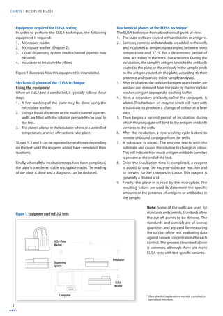 CHAPTER 1 MICROPLATE READER 
2 
Equipment required for ELISA testing 
In order to perform the ELISA technique, the following 
equipment is required: 
1. Microplate reader. 
2. Microplate washer (Chapter 2). 
3. Liquid dispensing system (multi-channel pipettes may 
be used). 
4. Incubator to incubate the plates. 
Figure 1 illustrates how this equipment is interrelated. 
Mechanical phases of the ELISA technique 
Using the equipment 
When an ELISA test is conducted, it typically follows these 
steps: 
1. A fi rst washing of the plate may be done using the 
microplate washer. 
2. Using a liquid dispenser or the multi-channel pipettes, 
wells are fi lled with the solution prepared to be used in 
the test. 
3. The plate is placed in the incubator where at a controlled 
temperature, a series of reactions take place. 
Stages 1, 2 and 3 can be repeated several times depending 
on the test, until the reagents added have completed their 
reactions. 
Finally, when all the incubation steps have been completed, 
the plate is transferred to the microplate reader. The reading 
of the plate is done and a diagnosis can be deduced. 
Biochemical phases of the ELISA technique1 
The ELISA technique from a biochemical point of view: 
1. The plate wells are coated with antibodies or antigens. 
2. Samples, controls and standards are added to the wells 
and incubated at temperatures ranging between room 
temperature and 37 °C for a determined period of 
time, according to the test’s characteristics. During the 
incubation, the sample’s antigen binds to the antibody 
coated to the plate; or the antibody in the sample binds 
to the antigen coated on the plate, according to their 
presence and quantity in the sample analyzed. 
3. After incubation, the unbound antigen or antibodies are 
washed and removed from the plate by the microplate 
washer using an appropriate washing buff er. 
4. Next, a secondary antibody, called the conjugate, is 
added. This harbours an enzyme which will react with 
a substrate to produce a change of colour at a later 
step. 
5. Then begins a second period of incubation during 
which this conjugate will bind to the antigen-antibody 
complex in the wells. 
6. After the incubation, a new washing cycle is done to 
remove unbound conjugate from the wells. 
7. A substrate is added. The enzyme reacts with the 
substrate and causes the solution to change in colour. 
This will indicate how much antigen-antibody complex 
is present at the end of the test. 
8. Once the incubation time is completed, a reagent 
is added to stop the enzyme-substrate reaction and 
to prevent further changes in colour. This reagent is 
generally a diluted acid. 
9. Finally, the plate in is read by the microplate. The 
resulting values are used to determine the specific 
amounts or the presence of antigens or antibodies in 
the sample. 
Note: Some of the wells are used for 
standards and controls. Standards allow 
the cut-off points to be defi ned. The 
standards and controls are of known 
quantities and are used for measuring 
the success of the test, evaluating data 
against known concentrations for each 
control. The process described above 
is common, although there are many 
ELISA tests with test-specifi c variants. 
1 More detailed explanations must be consulted in 
specialized literature. 
Figure 1. Equipment used in ELISA tests 
ELISA Plate 
Washer 
Dispensing 
System 
Incubator 
ELISA 
Reader 
Computer 
 
