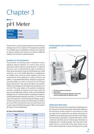 MAINTENANCE MANUAL F O R LABORATORY EQUIPMENT 
13 
Chapter 3 
pH Meter 
GMDN Code 15164 
ECRI Code 15-164 
Denomination pH Meter 
The pH meter is used for determining the concentration of 
hydrogen ions [H+] in a solution. This equipment, provided 
it is carefully used and calibrated, measures the acidity of 
an aqueous solution. pH meters are sometimes called pH 
analysers, pH monitors or potentiometers. 
PURPOSE OF THE EQUIPMENT 
The pH meter is commonly used in any fi eld of science 
related to aqueous solutions. It is used in areas such as 
agriculture, water treatment and purifi cation, in industrial 
processes such as petrochemicals, paper manufacture, 
foods, pharmaceuticals, research and development, metal 
mechanics, etc. In the health laboratory, its applications 
are related to the control of culture mediums and to the 
measurement of the alkalinity or acidity of broths and 
buff ers. In specialized laboratories, diagnostic equipment 
microelectrodes are used to measure the pH of liquid 
blood components. The plasma pH allows the patient’s 
health to be evaluated. It normally measures between 7.35 
and 7.45. This value relates to the patient’s metabolism 
in which a multitude of reactions occurs where acids and 
bases are normally kept in balance. Acids constantly liberate 
hydrogen ions [H+] and the organism neutralizes or balances 
acidity by liberating bicarbonate ions [HCO–]. The acid-base 
3 
ratio in the organism is maintained by the kidneys, (organs 
in which any excesses present are eliminated). The plasma 
pH is one of the characteristics that vary with factors such 
as age or state of health of the patient. Table 1 shows typical 
pH values of some bodily fl uids. 
PHOTOGRAPH AND COMPONENTS OF THE 
pH METER 
1 
3 
2 
OPERATION PRINCIPLES 
The pH meter measures the concentration of hydrogen ions 
[H+] using an ion-sensitive electrode. Under ideal conditions, 
this electrode should respond in the presence of only 
one type of ion. In reality, there are always interactions or 
interferences with other types of ions present in the solution. 
A pH electrode is generally a combined electrode, in which 
a reference electrode and an internal glass electrode are 
integrated into a combined probe. The lower part of the 
probe ends in a round bulb of thin glass where the tip 
of the internal electrode is found. The body of the probe 
pH values of some bodily fl uids 
Fluid pH Value 
Bile 7.8 – 8.6 
Saliva 6.4 – 6.8 
Urine 5.5 – 7.0 
Gastric Juice 1.5 – 1.8 
Blood 7.35 – 7.45 
Photo courtesy of Consort 
1 Electrode carrying arm and electrode 
2 Digital display 
3 Control panel with temperature adjustment control, mode 
selection (Standby/mV/pH) and calibration controls 
 