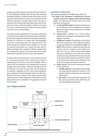 CHAPTER 3 pH METER 
14 
contains saturated potassium chloride (KCl) and a solution 
0.1 M of hydrogen chloride (HCl). The tip of the reference 
electrode’s cathode is inside the body of the probe. On the 
outside and end of the inner tube is the anodized end. The 
reference electrode is usually made of the same type of 
material as the internal electrode. Both tubes, interior and 
exterior, contain a reference solution. Only the outer tube 
has contact with the measured solution through a porous 
cap which acts as a saline bridge. 
This device acts like a galvanized cell. The reference electrode 
is the internal tube of the pH meter probe, which cannot lose 
ions through interactions with the surrounding environment. 
Therefore as a reference, it remains static (unchangeable) 
during the measuring process. The external tube of the 
probe contains the medium which is allowed to mix with 
the external environment. As a result, this tube must be 
fi lled periodically with a potassium chloride solution (KCI) 
for restoring the capacity of the electrode which would 
otherwise be inhibited by a loss of ions and evaporation. 
The glass bulb on the lower part of the pH electrode acts 
as a measuring element and is covered with a layer of 
hydrated gel on its exterior and interior. Metallic sodium 
cations [Na+] are diff used in the hydrated gel outside of 
the glass and in the solution, while the hydrogen ions [H+] 
are diff used in the gel. This gel makes the pH electrode 
ion-selective: Hydrogen ions [H+] cannot pass through the 
glass membrane of the pH electrode. Sodium ions [Na+] pass 
through and cause a change in free energy, which the pH 
meter measures. A brief explanation of the theory on how 
electrodes function is included in the appendix at the end 
of the chapter. 
pH METER COMPONENTS 
A pH meter generally has the following components: 
1. The body of the instrument containing the circuits, 
controls, connectors, display screens and measuring 
scales. The following are among some of its most 
important components: 
a) An ON and OFF switch. Not all pH meters have an 
on and off switch. Some simply have a cord with a 
plug which allows it to be connected to a suitable 
electrical outlet. 
b) Temperature control. This control allows 
adjustments according to the temperature of the 
solution measured. 
c) Calibration controls. Depending on the design, 
pH meters possess one or two calibration buttons 
or dials. Normally these are identifi ed by Cal 1 and 
Cal 2. If the pH meter is calibrated using only one 
solution, the Cal 1 button is used; making sure 
that Cal 2 is set at a 100%. If the pH meter allows 
two point calibrations, two known pH solutions 
covering the range of pH to be measured are used. 
In this case, the two controls are used (Cal 1 and Cal 
2). In special cases, a three-point calibration must 
be done (using three known pH solutions). 
d) Mode selector. The functions generally included 
in this control are: 
I. Standby mode (0). In this position the electrodes 
are protected from electrical currents. It is the 
position used for maintaining the equipment 
while stored. 
II. pH mode. In this position the equipment can 
take pH measurements after performing the 
required calibration procedures. 
4 
High Impedance 
Voltmeter 
KCI KCI 
Temperature 
Regulator 
Reference 
Terminal 
Saline Mesh Bridge Solution Under Analysis 
Ag/AgCI Electrode 
Active Termimal 
Special Glass Permeable to Ions 
Figure 4. Diagram of a pH meter 
 