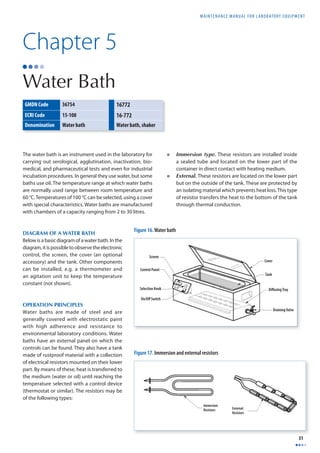 MAINTENANCE MANUAL F O R LABORATORY EQUIPMENT 
31 
Chapter 5 
Water Bath 
The water bath is an instrument used in the laboratory for 
carrying out serological, agglutination, inactivation, bio-medical, 
and pharmaceutical tests and even for industrial 
incubation procedures. In general they use water, but some 
baths use oil. The temperature range at which water baths 
are normally used range between room temperature and 
60 °C. Temperatures of 100 °C can be selected, using a cover 
with special characteristics. Water baths are manufactured 
with chambers of a capacity ranging from 2 to 30 litres. 
DIAGRAM OF A WATER BATH 
Below is a basic diagram of a water bath. In the 
diagram, it is possible to observe the electronic 
control, the screen, the cover (an optional 
accessory) and the tank. Other components 
can be installed, e.g. a thermometer and 
an agitation unit to keep the temperature 
constant (not shown). 
OPERATION PRINCIPLES 
Water baths are made of steel and are 
generally covered with electrostatic paint 
with high adherence and resistance to 
environmental laboratory conditions. Water 
baths have an external panel on which the 
controls can be found. They also have a tank 
made of rustproof material with a collection 
of electrical resistors mounted on their lower 
part. By means of these, heat is transferred to 
the medium (water or oil) until reaching the 
temperature selected with a control device 
(thermostat or similar). The resistors may be 
of the following types: 
• Immersion type. These resistors are installed inside 
i 
a sealed tube and located on the lower part of the 
container in direct contact with heating medium. 
• External. These resistors are located on the lower part 
but on the outside of the tank. These are protected by 
an isolating material which prevents heat loss. This type 
of resistor transfers the heat to the bottom of the tank 
through thermal conduction. 
GMDN Code 36754 16772 
ECRI Code 15-108 16-772 
Denomination Water bath Water bath, shaker 
Figure 16. Water bath 
External 
Resistors 
Figure 17. Immersion and external resistors 
Immersion 
Resistors 
 