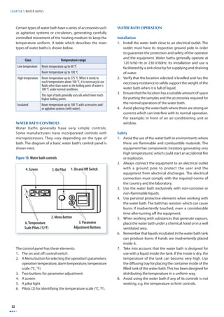 CHAPTER 5 WATER BATHS 
32 
Certain types of water bath have a series of accessories such 
as agitation systems or circulators, generating carefully 
controlled movement of the heating medium to keep the 
temperature uniform. A table which describes the main 
types of water baths is shown below. 
WATER BATH CONTROLS 
Water baths generally have very simple controls. 
Some manufacturers have incorporated controls with 
microprocessors. They vary depending on the type of 
bath. The diagram of a basic water bath’s control panel is 
shown next. 
The control panel has these elements: 
1. The on and off control switch 
2. A Menu button for selecting the operation’s parameters: 
operation temperature, alarm temperature, temperature 
scale (°C, °F) 
3. Two buttons for parameter adjustment 
4. A screen 
5. A pilot light 
6. Pilots (2) for identifying the temperature scale (°C, °F). 
WATER BATH OPERATION 
Installation 
1. Install the water bath close to an electrical outlet. The 
outlet must have its respective ground pole in order 
to guarantee the protection and safety of the operator 
and the equipment. Water baths generally operate at 
120 V/60 Hz or 230 V/60Hz. Its installation and use is 
facilitated by a sink close by for supplying and draining 
of water. 
2. Verify that the location selected is levelled and has the 
necessary resistance to safely support the weight of the 
water bath when it is full of liquid. 
3. Ensure that the location has a suitable amount of space 
for putting the samples and the accessories required for 
the normal operation of the water bath. 
4. Avoid placing the water bath where there are strong air 
currents which can interfere with its normal operation. 
For example: in front of an air-conditioning unit or 
window. 
Safety 
1. Avoid the use of the water bath in environments where 
there are fl ammable and combustible materials. The 
equipment has components (resistors generating very 
high temperatures) which could start an accidental fi re 
or explosion. 
2. Always connect the equipment to an electrical outlet 
with a ground pole to protect the user and the 
equipment from electrical discharges. The electrical 
connection must comply with the required norms of 
the country and the laboratory. 
3. Use the water bath exclusively with non-corrosive or 
non-fl ammable liquids. 
4. Use personal protective elements when working with 
the water bath. The bath has resistors which can cause 
burns if inadvertently touched, even a considerable 
time after turning off the equipment. 
5. When working with substances that generate vapours, 
place the water bath under a chemical hood or in a well 
ventilated area. 
6. Remember that liquids incubated in the water bath tank 
can produce burns if hands are inadvertently placed 
inside it. 
7. Take into account that the water bath is designed for 
use with a liquid inside the tank. If the inside is dry, the 
temperature of the tank can become very high. Use 
the diff using tray for placing the container inside of the 
fi lled tank of the water bath. This has been designed for 
distributing the temperature in a uniform way. 
8. Avoid using the water bath if any of its controls is not 
working, e.g. the temperature or limit controls. 
Class Temperature range 
Low temperature Room temperature up to 60 °C 
Room temperature up to 100 °C 
High temperature Room temperature up to 275 °C. When it needs to 
reach temperatures above 100 °C, it is necessary to use 
fl uids other than water as the boiling point of water is 
100 °C under normal conditions 
This type of bath generally uses oils which have much 
higher boiling points. 
Insulated Room temperature up to 100 °C with accessories and/ 
or agitation systems (with water). 
4. Screen 5. On Pilot 1. On and Off Switch 
2. Menu Button 
6. Temperature 
Scale Pilots (oC/oF) 
3. Parameter 
Adjustment Buttons 
Figure 18. Water bath controls 
 