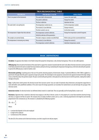 CHAPTER 5 WATER BATHS 
34 
TROUBLESHOOTING TABLE 
PROBLEM PROBABLE CAUSE SOLUTION 
There is no power to the instrument. The water bath is disconnected. Connect the water bath. 
The switch is defective. Change the switch. 
The fuse is defective. Substitute the fuse. 
The water bath is not getting hot. The temperature control not set. Set the temperature control. 
The resistor(s) is/are defective. Change resistor(s). 
The limit control is not set Set the limit control. 
The temperature is higher than that selected. The temperature control is defective. Change the temperature control if required. 
Verify the selection of the parameters. 
The samples are warmed slowly. The tank is empty or contains very little fl uid. Fill the tank up to the recommended level. 
The temperature is increasing very slowly. The resistor(s) is/are defective. Change the resistor(s). 
The temperature control is defective. Substitute temperature control. 
BASIC DEFINITIONS 
Circulator. An apparatus that shakes or stirs fl uids to keep their properties (temperature, color, density) homogenous. These are also called agitators. 
Diff using tray. Device located at the bottom of the water bath to support the containers located inside the tank. It also allows thermal convection currents generated 
in the fl uid contained in the tank to circulate from top to bottom and back to the top, maintaining the temperature homogeneous at the level selected by the operator. 
In general the diff using tray is made of stainless steel. 
Electrostatic painting. A painting process that uses the particle-attracting property of electrostatic charges. A potential diff erence of 80-150kV is applied to a 
grid of wires through which the paint is sprayed to charge each particle. The metal objects to be sprayed are connected to the opposite terminal of the high-voltage 
circuit, so that they attract the particles of paint. The piece covered with paint particles is then placed in an electrical oven to melt the particles, making them adhere 
strongly to the piece. 
Fuse. A safety device which protects the electrical circuits from excessive current. Fuses are made of materials whose dimensions and properties equip them to 
work well within some predefi ned conditions. If for some reason the design parameters are exceeded, the material burns out and interrupts the passage of the 
electrical current. 
Immersion resistor. An electrical resistor (see defi nition below) inside of a sealed tube. These are generally used for heating fl uids as water or oil. 
Resistance. Opposition that a material or electrical circuit imposes to the fl ow of electric current. It is the property of a circuit that transforms electrical energy 
into heat as it opposes the fl ow of current. The resistance [R], of a body of uniform section such as a wire, is directly proportional to the length [l] and inversely 
proportional to the sectional area [a]. The resistance is calculated by the following equation: 
R = k × l 
a 
Where: 
k = constant that depends on the units employed 
l = Length of the conductor 
a = sectional area of the conductor 
The ohm (Ω) is the common unit of electrical resistance; one ohm is equal to one volt per ampere. 
 
