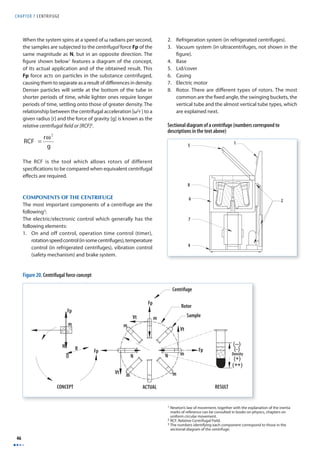 CHAPTER 7 CENTRIFUGE 
46 
When the system spins at a speed of ω radians per second, 
the samples are subjected to the centrifugal force Fp of the 
same magnitude as N, but in an opposite direction. The 
fi gure shown below1 features a diagram of the concept, 
of its actual application and of the obtained result. This 
Fp force acts on particles in the substance centrifuged, 
causing them to separate as a result of diff erences in density. 
Denser particles will settle at the bottom of the tube in 
shorter periods of time, while lighter ones require longer 
periods of time, settling onto those of greater density. The 
relationship between the centrifugal acceleration [ω2r ] to a 
given radius [r] and the force of gravity [g] is known as the 
relative centrifugal fi eld or [RCF]2. 
RCF = rω2 
g 
The RCF is the tool which allows rotors of different 
specifi cations to be compared when equivalent centrifugal 
eff ects are required. 
COMPONENTS OF THE CENTRIFUGE 
The most important components of a centrifuge are the 
following3: 
The electric/electronic control which generally has the 
following elements: 
1. On and off control, operation time control (timer), 
rotation speed control (in some centrifuges), temperature 
control (in refrigerated centrifuges), vibration control 
(safety mechanism) and brake system. 
2. Refrigeration system (in refrigerated centrifuges). 
3. Vacuum system (in ultracentrifuges, not shown in the 
fi gure). 
4. Base 
5. Lid/cover 
6. Casing 
7. Electric motor 
8. Rotor. There are different types of rotors. The most 
common are the fi xed angle, the swinging buckets, the 
vertical tube and the almost vertical tube types, which 
are explained next. 
Sectional diagram of a centrifuge (numbers correspond to 
descriptions in the text above) 
1 Newton’s law of movement, together with the explanation of the inertia 
marks of reference can be consulted in books on physics, chapters on 
uniform circular movement. 
2 RCF. Relative Centrifugal Field. 
3 The numbers identifying each component correspond to those in the 
sectional diagram of the centrifuge. 
Figure 20. Centrifugal force concept 
 