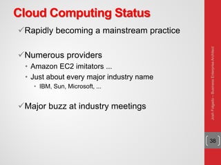 Cloud Computing Status
Rapidly becoming a mainstream practice
Numerous providers
• Amazon EC2 imitators ...
• Just about every major industry name
• IBM, Sun, Microsoft, ...
Major buzz at industry meetings
38
JoshFolgado–BusinessEnterpriseArchitect
 