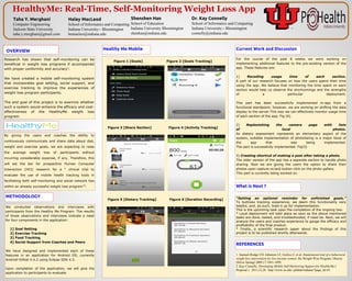 Taha Y. Merghani
Computer Engineering
Jackson State University
taha.y.merghani@gmail.com
Haley MacLeod
School of Informatics and Computing
Indiana University-- Bloomington
hemacleo@indiana.edu
HealthyMe: Real-Time, Self-Monitoring Weight Loss App
OVERVIEW
Figure 1 [Goals] Figure 2 [Goals Tracking]
Research has shown that self-monitoring can be
beneficial in weight loss programs if accompanied
with proper conformity and accuracy1
.
We have created a mobile self-monitoring system
that incorporates goal setting, social support, and
exercise tracking to improve the experiences of
weight loss program participants.
The end goal of this project is to examine whether
such a system would enhance the efficacy and cost-
effectiveness of the HealthyMe weight loss
program.
Dr. Kay Connelly
School of Informatics and Computing
Indiana University-- Bloomington
connelly@indiana.edu
METHODOLOGY
We conducted observations and interviews with
participants from the Healthy Me Program. The results
of those observations and interviews indicate a need
for four components in the application:
1] Goal Setting
2] Exercise Tracking
3] Food Tracking
4] Social Support from Coaches and Peers
We have designed and implemented each of these
features in an application for Android OS, currently
Android KitKat 4.4.2 using Eclipse SDK 4.3.
Upon completion of the application, we will give the
application to participants to evaluate.
Current Work and Discussion
For the course of the past 8 weeks we were working on
implementing additional features to the pre-existing version of the
app. These features are:
1) Recoding usage time of each section.
A part of our research focuses on how the users spend their time
using the app. We believe that monitoring the time spent on each
section would help us observe the shortcomings and the strengths
of a particular deployment.
This part has been successfully implemented in-app from a
functional standpoint; however, we are working on shifting the data
display to the server.This way we can effectively monitor usage time
of each section of the app. Fig (6).
2) Replenishing the camera page with lists
of local photos.
As dietary assessment represents an elementary aspect of the
system, suitable implementation of photolisting is a major facet of
the app that was being implemented.
The part is successfully implemented. Fig(5)
3) Creating shortcut of making a post after taking a photo.
The older version of the app has a separate section to handle photo
sharing. Now we are giving the users the option to share their
photos upon capture or/and button click on the photo gallery.
This part is currently being worked on.
REFERENCES
By giving the users and coaches the ability to
continuously communicate and share data about diet,
weight and exercise goals, we are expecting to raise
the average weight loss of participants without
incurring considerable expense, if any. Therefore, this
will set the bar for prospective Human Computer
Interaction (HCI) research for a “ clinical trial to
evaluate the use of mobile health tracking tools in
facilitating both self-monitoring and social network ties
within an already successful weight loss program”2
.
Healthy Me Mobile
Shenshen Han
School of Education
Indiana University Bloomington
shenhan@indiana.edu
What is Next ?
“Setting an optional reminder for unfinished goals.”
To buttress tracking experience, we deem this functionality very
helpful, and, as such, lined it up for implementation.
This is the upcoming task upon the completion of the ongoing two.
* Local deployment will take place as soon as the above mentioned
tasks are done, tested, and troubleshooted, if need be. Next, we will
analyze the users and coaches experience to gauge the efficacy and
profitability of the final product.
* Finally, a scientific research paper about the findings of this
project is to be published shortly afterwards.
Figure 3 [Share Section] Figure 4 [Activity Tracking]
Figure 6 [Duration Recording]Figure 5 [Dietary Tracking]
1. Samuel-Hodge CD, Johnston LF, Gizlice Z, et al: Randomized trial of a behavioral
weight loss intervention for low-income women: the Weight Wise Program. Obesity
(Silver Spring) 2009;17:1891-1899.`
2. Kay Connelly. Developing Mobile Self-Monitoring Support for HealthyMe (
Proposal ). 2011,12,28. http://www.iu.edu/~phitlab/indiana/?page_id=61
 