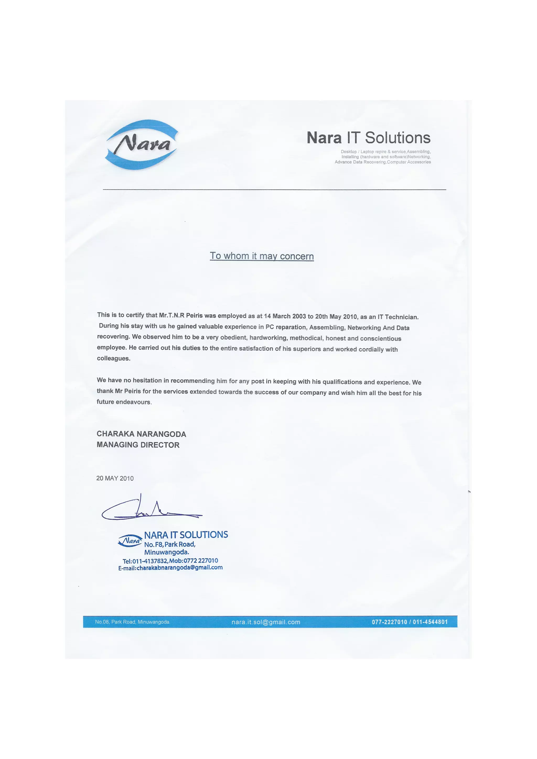 Nara Service letter 2