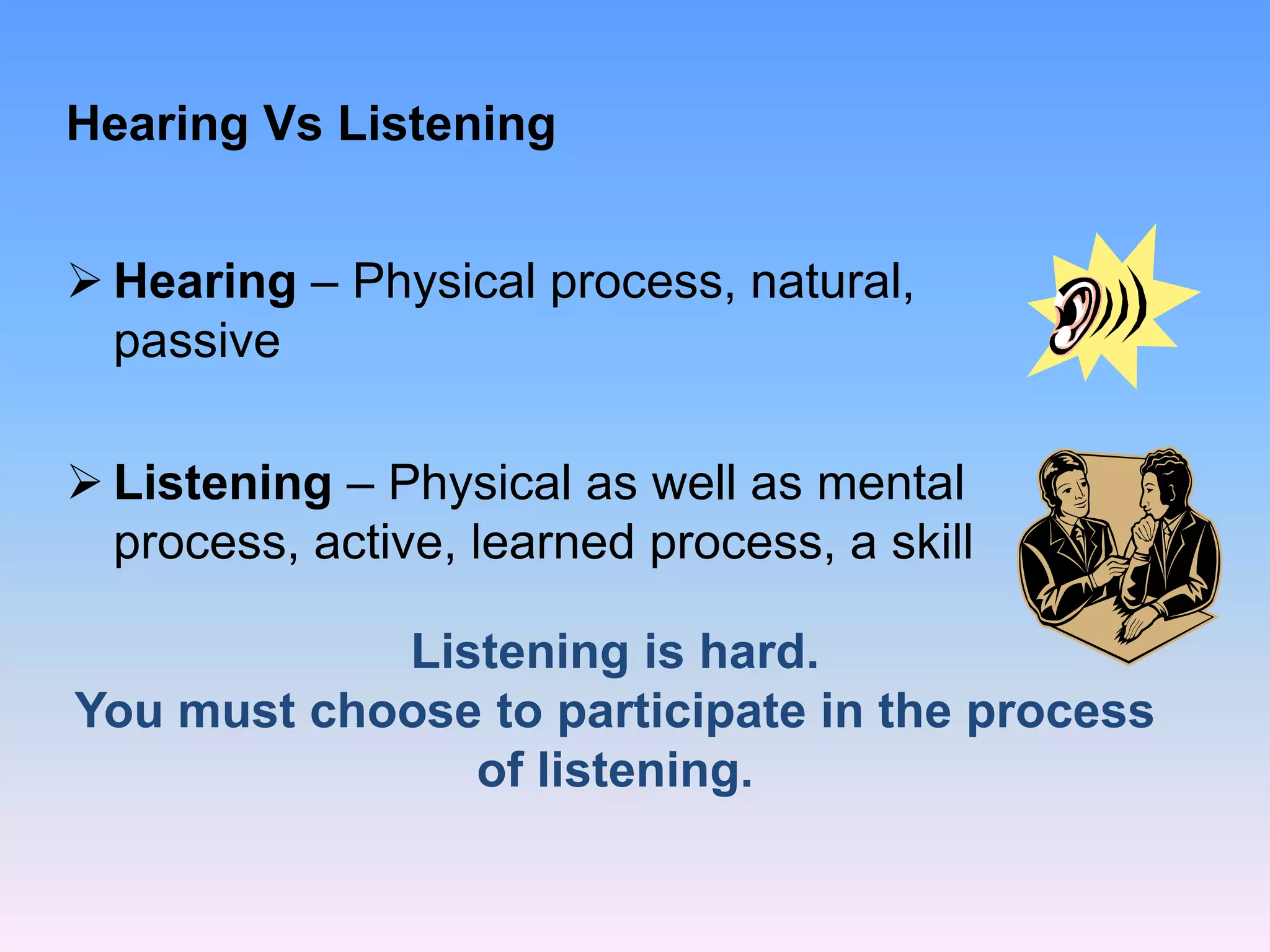 Hearing Vs Listening
 Hearing – Physical process, natural,
passive
 Listening – Physical as well as mental
process, active, learned process, a skill
Listening is hard.
You must choose to participate in the process
of listening.
 