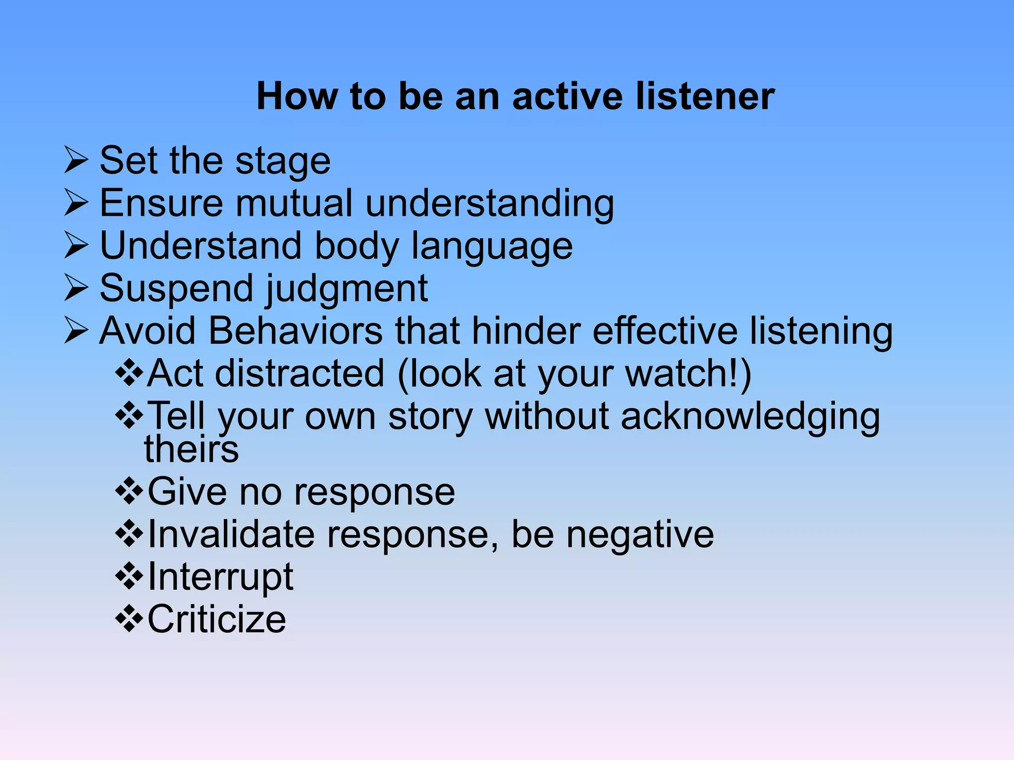 How to be an active listener
 Set the stage
 Ensure mutual understanding
 Understand body language
 Suspend judgment
 Avoid Behaviors that hinder effective listening
Act distracted (look at your watch!)
Tell your own story without acknowledging
theirs
Give no response
Invalidate response, be negative
Interrupt
Criticize
 