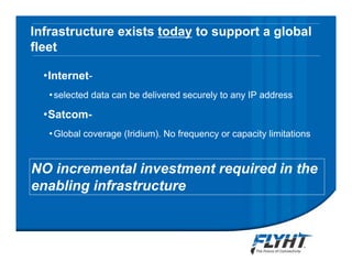 Infrastructure exists today to support a global
fleet
•Internet-
•selected data can be delivered securely to any IP address
•Satcom-
•Global coverage (Iridium). No frequency or capacity limitations
NO incremental investment required in the
enabling infrastructure
Notice: This briefing contains proprietary information and is disclosed to IATA ATTF solely for ATTF
evaluation purposes. No dissemination beyond ATTF members is authorized without explicit written
approval from FLYHT Aerospace Solutions, Ltd.
 