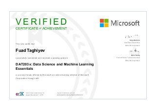 V E R I F I E D
CERTIFICATE of ACHIEVEMENT
 
This is to certify that
Fuad Taghiyev
successfully completed and received a passing grade in
DAT203x: Data Science and Machine Learning
Essentials
a course of study offered by Microsoft, an online learning initiative of Microsoft
Corporation through edX.
 
Satya Nadella
Chief Executive Officer
Microsoft Corporation
Björn Rettig
Senior Director Technical Content
Microsoft Corporation
 VERIFIED CERTIFICATE
Issued November 1, 2015
 VALID CERTIFICATE ID
24909da690434afe9f3ef6287fb5bf37
 