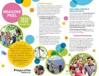 Throughout the
spring and summer of
2015, the Region of Peel asked its
residents and community partners,
“What can you imagine for our
community by 2035?” Based on
thousands of responses, the Region
developed a new vision to carry us
into the future. That vision is
Community for Life and
this is our Strategic Plan
to achieve it.
IMAGINE
PEEL
2015–
2035
Strategic Plan
OUR VISION, MISSION &
AREAS OF FOCUS
Our community vision is Community for Life,
a place where everyone enjoys a sense of
belonging and has access to the services
and opportunities they need to thrive
throughout each stage of their lives.
Our organizational mission describes how
the Region will deliver on our vision and what
difference we seek to make in the world. It is
Working with you to create a healthy, safe
and connected community.
Living, Thriving and Leading are areas of
focus where the Region of Peel will improve
as a result of this strategy.
More than any time in history, collaboration
is essential to manage the broad-scale and
interconnected challenges before us. As
we set out on the path towards 2035, we
do so side by side with you, the people of
Peel, working with you to make Peel an
exceptional community for life. Learn
more about the Strategic Plan at
peelregion.ca/strategicplan
FUTURE FOCUSED
The challenges of the future are complicated,
large in scale and interconnected. Continuing
to deliver impactful outcomes for citizens
requires us to become increasingly citizen-
centric and future focused. To rise to that
challenge, this Strategic Plan differs from
previous efforts in two key ways:
1)	 Developed through extensive
community engagement: In addition
to traditional consultation, the Region
expanded our reach to thousands of
citizens who don’t typically engage
in municipal planning efforts. Among
our outreach, we heard from people at
community events, on social media and
through an interactive exhibit at the
Peel Art Gallery, Museum and Archives
(PAMA), providing us with feedback from
people of all ages, backgrounds and
experiences.
2)	 Long-term vision: This Strategic Plan
adopts a 20-year framework. This long-
term approach allows us to take on
bigger challenges, in the interests of
our citizens, than would be possible
in a four-year Term of Council.
SIP-0156 16/03
 