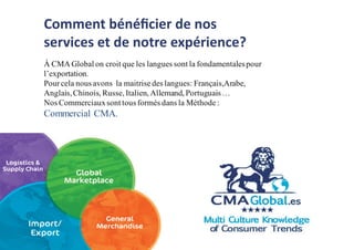 À CMA Global on croit que les langues sont la fondamentalespour
l’exportation.
Pourcela nous avons la maitrisedes langues: Français,Arabe,
Anglais,Chinois, Russe, Italien, Allemand, Portuguais…
Nos Commerciauxsont tous formés dans la Méthode:
Commercial CMA.
Comment bénéﬁcier de nos
services et de notre expérience?
 