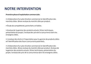 Premièrephase d'exploitationcommerciale:
• L'élaborationd'un pland'action commercial et identiﬁcationdes
marchés cibles. Brève analyse du marché cible par produit.
• Étude de compétitivité,points forts et faibles.
• Analyse de la gamme des produits actuels, ﬁches techniques,
présentationdu projet, l'analysedes prix de la concurrence dans les
enseignes cibles.
• L'analyse des droits à l'importationpour la gamme de produits cibles
et l'identiﬁcationdes futurs concurrents potentiels.
• L'élaborationd'un pland'action commercial et identiﬁcationdes
marchés cibles. Brève analyse du marché cible par produit.Analyse de
lagamme des produits actuels, ﬁches techniques, présentationdu
projet,l'analyse des prix de la concurrence dans les enseignes cibles.
NOTRE INTERVENTION
 