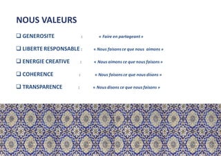  GENEROSITE : « Faire en partageant »
 LIBERTE RESPONSABLE : « Nous faisonsce que nous aimons »
 ENERGIE CREATIVE : « Nous aimons ce que nous faisons»
 COHERENCE : « Nous faisonsce que nous disons »
 TRANSPARENCE : « Nous disons ce que nous faisons »
NOUS VALEURS
 