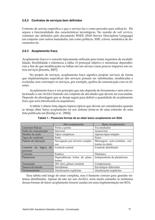 RelaTe-DIA: Arquitetura Orientada a Serviço - Conceituação 15
2.6.2 Contratos de serviços bem definidos
Contrato de serviço especifica o que o serviço faz e como proceder para utilizá-lo. Ele
separa a funcionalidade das características tecnológicas. No mundo de web services,
contratos são definidos pelo documento WSDL (Web Service Description Language)
em conjunto com outros metadados, tais como políticas, XML schema, semântica de do-
cumentos etc.
2.6.3 Acoplamento fraco
Acoplamento fraco é o conceito tipicamente utilizado para tratar requisitos de escalabi-
lidade, flexibilidade e tolerância a falha. O principal objetivo é minimizar dependên-
cias a fim de que modificações ou falhas em um serviço cause poucos impactos em ou-
tros serviços [Josuttis, 2007].
No projeto de serviços, acoplamento fraco significa projetar serviços de forma
que implementações específicas dos serviços possam ser substituídas, modificadas e
evoluídas sem corromper os serviços, por exemplo, quebra de comunicação com os cli-
entes.
Acoplamento fraco é um princípio que não depende de ferramenta e nem está re-
lacionado a um checklist listando um conjunto de atividades que devem ser executadas.
Depende da abordagem que se deseja seguir para definir a quantidade de acoplamento
fraco que será introduzida na arquitetura.
A tabela 1 abaixo lista alguns tópicos típicos que devem ser considerados quando
se deseja obter baixo acoplamento no seu sistema (trata-se de uma extensão de uma
lista publicada em [Krafig et al., 2004]).
Tabela 1 – Possíveis formas de se obter baixo acoplamento em SOA
Alto acoplamento Baixo Acoplamento
Conexões Físicas Ponto a ponto Via mediador
Estilo de comunicação Síncrono Assíncrono
Modelo de dado Tipos complexos Apenas tipos simples
Tipos de variáveis Forte Fraco
Padrão de interação Navegação por árvores comple-
xas
Mensagens auto-contidas, cen-
tradas no dado
Controle da lógica do
processo
Controle central Controle distribuído
Conexão Estática Dinâmica
Plataforma Dependências fortes de plata-
forma
Independente de plataforma
Transações 2PC (two_phase commit) Compensação
Desenvolvimento Simultâneo Em tempos diferentes
Versionamento Atualizações explícitas Atualizações implícitas
Essa tabela está longe de estar completa, mas é bastante comum para grandes sis-
temas distribuídos. Apesar de não ser um checklist, seria muito estranho se nenhuma
dessas formas de baixo acoplamento fossem usadas em uma implementação em SOA.
 