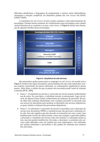 RelaTe-DIA: Arquitetura Orientada a Serviço - Conceituação 21
diferentes plataformas e linguagens de programação e mesmo assim disponibilizar
mensagens e funções complexas. Os elementos padrão dos web services são SOAP,
UDDI e WSDL.
A arquitetura de web services envolve muitas camadas e inter-relacionamento de
tecnologias. Existem muitas maneiras de visualizarmos essas tecnologias, pois existem
muitas maneiras de se construir e se usar s web services. A Figura 2 mostra uma ilustra-
ção de algumas famílias dessas tecnologias.
Figura 2– Arquitetura de web services
São necessários quatro passos para se empregar os web services, de acordo com a
Figura 3. Embora eles sejam necessários, possivelmente eles não serão suficientes: mui-
tos cenários necessitarão de passos adicionais, ou refinamentos significativos desses
passos. Além disso, a ordem em que os passos são executados pode variar de situação
a situação [W3C, 2004].
• Passo 1 - O solicitante de serviço e o provedor de serviço tomam conhecimento
um do outro. No caso típico, o solicitante iniciará a comunicação. Logo, ele de-
verá, de alguma forma, tomar conhecimento do endereço do provedor. Ele po-
de obter esse endereço diretamente com o próprio provedor ou ele pode usar
um serviço de descoberta para localizar as descrições dos serviços disponíveis,
as quais contêm o endereço dos provedores disponíveis.
• Passo 2 – O solicitante e o provedor de serviços concordam com a descrição do
serviço (um documento WSDL) e semânticas que irão governar a interação en-
tre eles. Isso não significa que eles deverão se comunicar um com o outro. Isso
também pode ocorrer de outras formas, como, por exemplo, o provedor publica
a descrição e a semântica do serviço como um contrato e o solicitante aceita ou
não, mas não poderá modificá-las. Ou então, a descrição e a semântica dos ser-
viços estão definidas como um padrão por uma organização e são utilizadas
por muitos solicitantes e provedores e não podem ser alteradas por nenhum
dos dois lados.
 