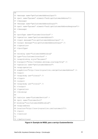 RelaTe-DIA: Arquitetura Orientada a Serviço - Conceituação 24
34
35 <message name="getCustomerAddressInput">
36 <part name="params" element="xsd1:getCustomerAddress"/>
37 </message>
38 <message name="getCustomerAddressOutput">
39 <part name="params" element="xsd1:getCustomerAddressResponse"/>
40 </message>
41
42 <portType name="CustomerInterface" >
43 <operation name="getCustomerAddress">
44 <input message="tns:getCustomerAddressInput" />
45 <output message="tns:getCustomerAddressOutput" />
46 </operation>
47 </portType>
48
49 <binding name="CustomerSOAPBinding"
50 type="tns:CustomerInterface" >
51 <soap:binding style="document"
52 transport="http://schemas.xmlsoap.org/soap/http" />
53 <operation name="getCustomerAddress">
54 <soap:operation
55 soapAction="http://soa-in-practice.com/getCustomerAddress" />
56 <input>
57 <soap:body use="literal" />
58 </input>
59 <output>
60 <soap:body use="literal" />
61 </output>
62 </operation>
63 </binding>
64
65 <service name="CustomerService" >
66 <port name="CustomerPort"
67 binding="tns:CustomerSOAPBinding">
68 <soap:address
69 location="http://soa-in-practice.com/customer11"/>
70 </port>
71 </service>
72
73 </definitions>
Figura 4– Exemplo de WSDL para o serviço CustomerService
 