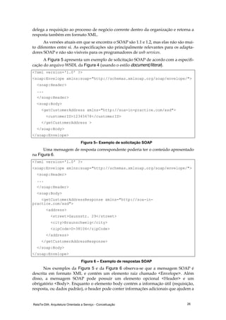 RelaTe-DIA: Arquitetura Orientada a Serviço - Conceituação 26
delega a requisição ao processo de negócio corrente dentro da organização e retorna a
resposta também em formato XML.
As versões atuais em que se encontra o SOAP são 1.1 e 1.2, mas elas não são mui-
to diferentes entre si. As especificações são principalmente relevantes para os adapta-
dores SOAP e não são visíveis para os programadores de web services.
A Figura 5 apresenta um exemplo de solicitação SOAP de acordo com a especifi-
cação do arquivo WSDL da Figura 4 (usando o estilo document/literal).
<?xml version='1.0' ?>
<soap:Envelope xmlns:soap="http://schemas.xmlsoap.org/soap/envelope/">
<soap:Header>
...
</soap:Header>
<soap:Body>
<getCustomerAddress xmlns="http://soa-in-practice.com/xsd">
<customerID>12345678</customerID>
</getCustomerAddress >
</soap:Body>
</soap:Envelope>
Figura 5– Exemplo de solicitação SOAP
Uma mensagem de resposta correspondente poderia ter o conteúdo apresentado
na Figura 6.
<?xml version='1.0' ?>
<soap:Envelope xmlns:soap="http://schemas.xmlsoap.org/soap/envelope/">
<soap:Header>
...
</soap:Header>
<soap:Body>
<getCustomerAddressResponse xmlns="http://soa-in-
practice.com/xsd">
<address>
<street>Gaussstr. 29</street>
<city>Braunschweig</city>
<zipCode>D-38106</zipCode>
</address>
</getCustomerAddressResponse>
</soap:Body>
</soap:Envelope>
Figura 6 – Exemplo de respostas SOAP
Nos exemplos da Figura 5 e da Figura 6 observa-se que a mensagem SOAP é
descrita em formato XML e contém um elemento raiz chamado <Envelope>. Além
disso, a mensagem SOAP pode possuir um elemento opcional <Header> e um
obrigatório <Body>. Enquanto o elemento body contém a informação útil (requisição,
resposta, ou dados padrão), o header pode conter informações adicionais que ajudem a
 