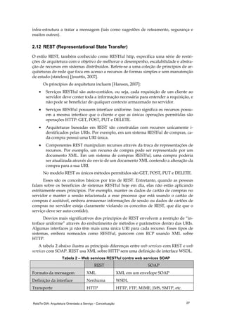 RelaTe-DIA: Arquitetura Orientada a Serviço - Conceituação 27
infra-estrutura a tratar a mensagem (tais como sugestões de roteamento, segurança e
muitos outros).
2.12 REST (Representational State Transfer)
O estilo REST, também conhecido como RESTful http, especifica uma série de restri-
ções de arquitetura com o objetivo de melhorar o desempenho, escalabilidade e abstra-
ção de recursos em sistemas distribuídos. Refere-se a uma coleção de princípios de ar-
quiteturas de rede que foca em acesso a recursos de formas simples e sem manutenção
de estado (stateless) [Josuttis, 2007].
Os princípios de arquitetura incluem [Hansen, 2007]:
• Serviços RESTful são auto-contidos, ou seja, cada requisição de um cliente ao
servidor deve conter toda a informação necessária para entender a requisição, e
não pode se beneficiar de qualquer contexto armazenado no servidor.
• Serviços RESTful possuem interface uniforme. Isso significa os recursos possu-
em a mesma interface que o cliente e que as únicas operações permitidas são
operações HTTP: GET, POST, PUT e DELETE.
• Arquiteturas baseadas em REST são construídas com recursos unicamente i-
dentificados pelas URIs. Por exemplo, em um sistema RESTful de compras, ca-
da compra possui uma URI única.
• Componentes REST manipulam recursos através da troca de representações de
recursos. Por exemplo, um recurso de compra pode ser representado por um
documento XML. Em um sistema de compras RESTful, uma compra poderia
ser atualizada através do envio de um documento XML contendo a alteração da
compra para a sua URI.
No modelo REST os únicos métodos permitidos são GET, POST, PUT e DELETE.
Esses são os conceitos básicos por trás de REST. Entretanto, quando as pessoas
falam sobre os benefícios de sistemas RESTful hoje em dia, elas não estão aplicando
estritamente esses princípios. Por exemplo, manter os dados de cartão de compras no
servidor e manter a sessão relacionada a esse processo que está usando o cartão de
compras é aceitável, embora armazenar informações de sessão ou dados de cartões de
compras no servidor esteja claramente violando os conceitos de REST, que diz que o
serviço deve ser auto-contido).
Desvios mais significativos dos princípios de REST envolvem a restrição de “in-
terface uniforme” através do embutimento de métodos e parâmetros dentro das URIs.
Algumas interfaces já não têm mais uma única URI para cada recurso. Esses tipos de
sistemas, embora nomeados como RESTful, parecem com RCP usando XML sobre
HTTP.
A tabela 2 abaixo ilustra as principais diferenças entre web services com REST e web
services com SOAP. REST usa XML sobre HTTP sem uma definição de interface WSDL.
Tabela 2 – Web services RESTful contra web services SOAP
REST SOAP
Formato da mensagem XML XML em um envelope SOAP
Definição da interface Nenhuma WSDL
Transporte HTTP HTTP, FTP, MIME, JMS, SMTP, etc.
 