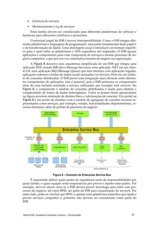 RelaTe-DIA: Arquitetura Orientada a Serviço - Conceituação 30
• Gerência de serviços
• Monitoramente e log de serviços
Estas tarefas devem ser consideradas para diferentes plataformas de software e
hardware para diferentes middleware e protocolos.
O principal papel do ESB é prover interoperabilidade. Como o ESB integra dife-
rentes plataformas e linguagens de programação, uma parte fundamental deste papel é
o de transformação de dados. Uma abordagem usual é introduzir um formato específi-
co para o qual todas as plataformas e APIs específicas são mapeadas. O ESB agrupa
aplicações e componentes para criar composição de serviços e formar processos de ne-
gócio compostos, o que por sua vez, automatiza funções de negócio na organização.
A Figura 8 descreve uma arquitetura simplificada de um ESB que integra uma
aplicação J2EE usando JMS (Java Message Services), uma aplicação .NET em um clien-
te C#, uma aplicação MQ (Message Queue) que tem interface com aplicações legadas,
aplicações externas e fontes de dados sendo acessadas via Serviços Web em um módu-
lo de consultas distribuídas. O ESB provê uma integração mais eficiente entre diferen-
tes componentes de aplicações. Isso é possível, pois o ESB posiciona os componentes
atrás de uma fachada orientada a serviço, utilizando, por exemplo web services. Na
Figura 8, o componente o módulo de consultas distribuídas é usado para abstrair a
complexidade de fontes de dados heterogêneas. Todos os pontos finais apresentados
na figura provêem abstração de destino físico e informações de conexão. Um portal na
Figura 8 é um ponto de interface com o usuário de agregação de variados recursos re-
presentados como serviços, por exemplo, vendas, funcionalidades departamentais, re-
cursos humanos, além de portais de parceiros do negócio.
Figura 8 – Exemplo de Enterprise Service Bus
É importante definir quais partes da arquitetura serão de responsabilidades por
quais tarefas, e quais equipes serão responsáveis por prover e manter estas partes. Por
exemplo, deve-se deixar claro se o ESB deverá prover tecnologia para lidar com pro-
cessos de negócio, tal como BPEL ser parte do ESB para orquestração de serviços. Por
outro lado, pode-se concluir que BPEL é apenas uma plataforma específica que ajuda a
prover serviços compostos e, portanto, não deveria ser considerado como parte do
ESB.
 