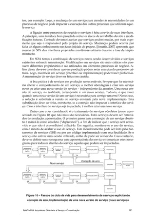RelaTe-DIA: Arquitetura Orientada a Serviço - Conceituação 32
tos, por exemplo. Logo, a mudança de um serviço para atender às necessidades de um
processo de negócio pode impactar a execução dos outros processos que utilizam aque-
le serviço.
A ligação entre processos de negócio e serviços é feita através de suas interfaces.
A princípio, uma interface bem projetada reduz os riscos de retrabalho devido a modi-
ficações futuras. Contudo devemos aceitar que serviços podem mudar, por mais expe-
riente que seja o responsável pelo projeto do serviço. Mudanças podem ocorrer por
falta de algum conhecimento nas fases iniciais do projeto. [Josuttis, 2007] apresenta que
menos de 50% das interfaces projetadas mantêm-se estáveis durante a fase de imple-
mentação.
Em SOA temos a combinação de serviços novos sendo desenvolvidos e serviços
existentes sofrendo manutenção. Modificações em serviços são mais críticas eles pos-
suem diferentes proprietários e são utilizados em diferentes processos de negócio. A-
lém disso, deve-se considerar que em produção podem estar executando processos crí-
ticos. Logo, modificar um serviço (interface ou implementação) pode trazer problemas.
A manutenção do serviço deve ser feita com cautela.
A boa prática é de serviços em produção serem estáveis. Sempre que for necessá-
rio alterar o comportamento de um serviço, a melhor abordagem é criar um serviço
novo ou criar uma nova versão do serviço – independente da anterior. Uma nova ver-
são do serviço, na realidade, corresponde a um novo serviço. Todavia, o que fazer
quando uma nova versão de um serviço é necessária para corrigir um erro? Neste caso,
a solução é substituir a versão do serviço existente pela nova implementação. Esta
substituição deve ser feita, entretanto, se a correção não impactar a interface do servi-
ço. Caso a interface do serviço seja impactada, é melhor criar um novo serviço.
Outro caso a ser considerado é o tratamento de serviços obsoletos (como apre-
sentado na Figura 10, que não mais são necessários. Estes serviços devem ser removi-
dos de produção, aposentados. O primeiro passo para a remoção de um serviço obsole-
to é marcá-lo como obsoleto (“deprecated”), a fim de indicar que o serviço será remo-
vido e que não é aconselhável utilizá-lo. Em seguida, monitora-se o uso do serviço,
com o intuito de avaliar o uso do serviço. Este monitoramento pode ser feito pelo bar-
ramento de serviços (ESB) ou por um código implementado com esta finalidade. Se o
serviço não estiver mais sendo utilizado, então ele pode ser removido. Caso contrário,
deve-se definir um cronograma para aposentadoria do serviço e comunicar este crono-
grama para todos os clientes do serviço, aqueles que podem ser impactados.
Análise de
serviços de
negócio
Identificação
de serviços de
negócio
Projeto de
serviços
Implementação Integração, testes Implantação
Execução
Correção de erro
Análise de
serviços de
negócio
Identificação
de serviços de
negócio
Projeto de
serviços
Implementação Integração, testes Implantação
Execução
Novo serviço Aposentadoria do
serviço
Figura 10 – Passos do ciclo de vida para desenvolvimento de serviços explicitando
correção de erro, implementação de uma nova versão do serviço (novo serviço) e
 