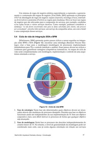 RelaTe-DIA: Arquitetura Orientada a Serviço - Conceituação 37
Um sistema de regra de negócio enfatiza especialmente a expressão, o gerencia-
mento e a automação das regras de negócio. [Von Halle, 2001] apresenta os princípios
STEP da abordagem de regra de negócio: separa (Separate), investiga (Trace), externali-
za (Externalize) e posiciona (Position) as regras para mudança. Deve-se focar nas regras
de negócio que são relevantes para a composição de serviços, por exemplo, condições
e/ou ações levam a vários serviços técnicos. Como exemplo, podemos considerar a
sentença: “se não forem encontrados vôos para as datas solicitadas pelo cliente, não procure
por acomodação”, envolve três serviços: um serviço da companhia aérea, um com o hotel
e uma composição desses serviços.
5.4 Ciclo de vida de integração SOA e BPM
[Klückmann, 2006] apresenta quatro passos cíclicos a serem seguidos na integra-
ção entre BPM e SOA (Figura 12): encontrar uma estratégia (Business Process Stra-
tegy); criar a base para a modelagem (modelagem de processos); implementação
(transferência para TI); e controle (medição e análise). Esses passos devem ser cíclicos e
contínuos para garantirem vantagens competitivas sustentáveis. As etapas do ciclo de
vida serão complementadas com modelagem, implementação e controle de uma arqui-
tetura orientada a serviço.
Figura 12 – Ciclo de vida BPM
1. Fase de estratégia: Nesta fase são determinados quais objetivos devem ser alcan-
çados através das mudanças de processos desejados. Durante essa fase os objetivos
funcionais ainda são independentes da sua implementação de TI. Sem um objetivo
corporativo claro, será difícil derivar os processos de forma que qualquer objetivo
seja alcançado.
2. Fase de modelagem: Nesta fase os processos são descritos independentemente do
cenário futuro de TI. No entanto, o nível de granularidade da modelagem pode ser
coordenado mais cedo, caso já exista alguma orientação em relação aos serviços
 
