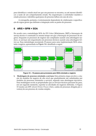 RelaTe-DIA: Arquitetura Orientada a Serviço - Conceituação 40
para identificar o estado atual em que um processo se encontra, ou até mesmo identifi-
car a razão de um comportamento errado. Na orquestração o controlador mantém o
estado processo e identifica qual passo do processo falhou em caso de erro.
A coreografia, portanto, é extremamente dependente de colaboração e especifica-
ção de regras gerais que definam a integração entre as partes do processo.
6 ARIS × BPM × SOA
De acordo com a metodologia SOA da IDS Scheer [Klückmann, 2007] a hierarquia de
serviço técnico é construída ao mesmo tempo em que a hierarquia de processos de ne-
gócio. Enquanto os processos de negócio são compilados usando uma abordagem top-
down, os serviços são orquestrados em processos técnicos usando uma abordagem bot-
tom-up. Essa metodologia recomenda 10 passos para uma implementação SOA orien-
tada a negócio, apresentada na Figura 14 e detalhada a seguir.
Figura 14 – 10 passos para processos para SOA orientado a negócio
1. Modelagem de processo orientado a serviços: Esta primeira etapa envolve a cria-
ção de modelos de negócio de alto nível que gradualmente são substituídos por
modelos de processos orientados a serviços, segundo uma abordagem top-down.
Essa modelagem revela as propriedades que os serviços técnicos precisam ter para,
em um segundo momento, suportar as atividades de negócios definidas. A Figura
15 mostra um EPC (Event Driven Process Chain, cadeia de processos dirigida por e-
ventos) de um processo de vendas simples.
 