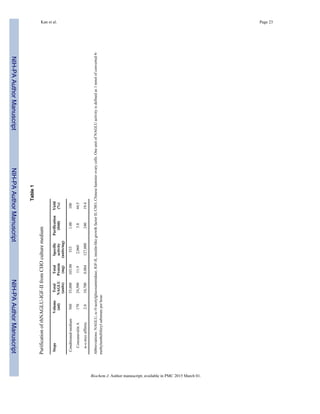 NIH-PAAuthorManuscriptNIH-PAAuthorManuscriptNIH-PAAuthorManuscript
Kan et al. Page 23
Table1
PurificationofrhNAGLU-IGF-IIfromCHOculturemedium
StepsVolume
(ml)
Total
NAGLU
(units)
Total
Protein
(mg)
Specific
activity
(units/mg)
Purification
(fold)
Yield
(%)
Conditionedmedium56055,000103.005331.00100
ConcanavalinA17024,50011.92,0603.844.5
α-c-mycaffinity2.010,7000.084127,00024019.4
Abbreviations:NAGLU,α-N-acetylglucosaminidase;IGF-II,insulin-likegrowthfactorII;CHO,Chinesehamsterovarycells.OneunitofNAGLUactivityisdefinedas1nmolofconverted4-
methylumbelliferylsubstrateperhour.
Biochem J. Author manuscript; available in PMC 2015 March 01.
 