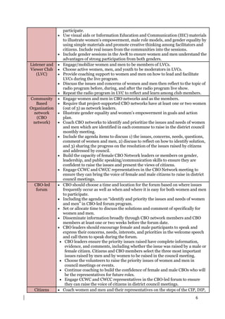 6
participate.
 Use visual aids or Information Education and Communication (IEC) materials
to illustrate women’s empowerment, male role models, and gender equality by
using simple materials and promote creative thinking among facilitators and
citizens. Include real issues from the communities into the sessions.
 Include gender sessions in the AwR to ensure women and men understand the
advantages of strong participation from both genders.
Listener and
Viewer Club
(LVC)
 Engage/mobilize women and men to be members of LVCs.
 Choose active women, men, and youth to be moderators in LVCs.
 Provide coaching support to women and men on how to lead and facilitate
LVCs during the live program.
 Discuss the issues and concerns of women and men then reflect to the topic of
radio program before, during, and after the radio program live show.
 Repeat the radio program in LVC to reflect and learn among club members.
Community
Based
Organization
network
(CBO
network)
 Engage women and men in CBO networks and as the members.
 Require that project-supported CBO networks have at least one or two women
(out of 3) as network leaders.
 Illustrate gender equality and women’s empowerment in goals and action
plan.
 Coach CBO networks to identify and prioritize the issues and needs of women
and men which are identified in each commune to raise in the district council
monthly meeting.
 Include the agenda items to discuss 1) the issues, concerns, needs, questions,
comment of women and men, 2) discuss to reflect on how to identify solution,
and 3) sharing the progress on the resolution of the issues raised by citizens
and addressed by council.
 Build the capacity of female CBO Network leaders or members on gender,
leadership, and public speaking/communication skills to ensure they are
confident to raise the issues and present the views of citizens.
 Engage CCWC and CWCC representatives in the CBO Network meeting to
ensure they can bring the voice of female and male citizens to raise in district
council meetings.
CBO-led
forum
 CBO should choose a time and location for the forum based on where issues
frequently occur as well as when and where it is easy for both women and men
to participate.
 Including the agenda on “identify and priority the issues and needs of women
and men” in CBO-led forum program.
 Set or allocate time to discuss the solutions and comment of specifically for
women and men.
 Disseminate information broadly through CBO network members and CBO
members at least one or two weeks before the forum date.
 CBO leaders should encourage female and male participants to speak and
express their concerns, needs, interests, and priorities in the welcome speech
and call them to speak during the forum.
 CBO leaders ensure the priority issues raised have complete information,
evidence, and comments, including whether the issue was raised by a male or
female citizen. Citizens and CBO members select the three most important
issues raised by men and by women to be raised in the council meeting.
 Choose the volunteers to raise the priority issues of women and men in
council meetings or events.
 Continue coaching to build the confidence of female and male CBOs who will
be the representatives for future roles.
 Engage CCWC and CWCC representatives in the CBO-led forum to ensure
they can raise the voice of citizens in district council meetings.
Citizens  Coach women and men and their representatives on the steps of the CIP, DIP,
 