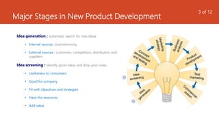 Major Stages in New Product Development
Idea generation : systematic search for new ideas
• Internal sources : brainstorming
• External sources : customers, competitors, distributors and
suppliers
Idea screening : identify good ideas and drop poor ones
• Usefulness to consumers
• Good for company
• Fit with objectives and strategies
• Have the resources
• Add value
3 of 12
 