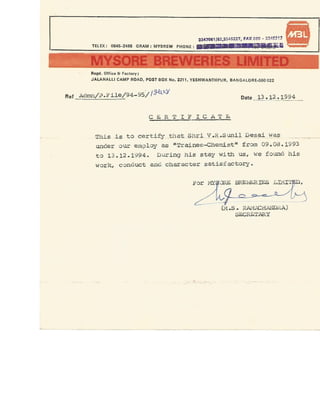 experience letter of Mysore breweries