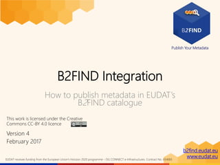 b2find.eudat.eu
www.eudat.euEUDAT receives funding from the European Union's Horizon 2020 programme - DG CONNECT e-Infrastructures. Contract No. 654065
Publish Your Metadata
B2FIND Integration
How to publish metadata in EUDAT’s
B2FIND catalogue
This work is licensed under the Creative
Commons CC-BY 4.0 licence
Version 4
February 2017
 