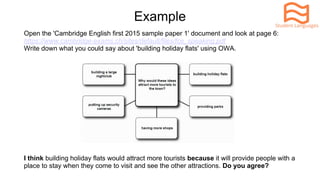 Part 3 Homework
Design your own topic for Part 3, write down what you can say using
OWA then practise with a friend.
 