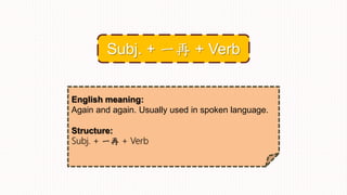 English meaning:
Again and again. Usually used in spoken language.
Structure:
Subj. + 一再 + Verb
Subj. + 一再 + Verb
 
