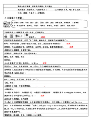 熱栽→降低運費、提高產品價值（區位導向：           、     ）
           乾燥地區（蒸發作用、毛細管作用）＋           （只灌溉不排水、地下水位上升）
           水蝕、風蝕（外營力）→土壤流失

三‧工業瘋狂大配對～

       區位導向：原料、市場、動力、勞工、交通、政策、資金、聚集經濟、規模經濟、工業慣性
       現代工業生產特徵：機械化、自動化、專業化、標準化、規格化、更新化、規模大型化



江西景德鎮／北縣鶯歌鎮～瓷土枯竭，仍產瓷器→

                     連鎖店→        經濟
即使原料多賴島外供應，但因「金門貢糖」赫赫有名，貢糖廠仍無意搬離金門→
NIKE、Converse，從鞋子擴張到衣服、包包，甚至連腳踏車都有出→            經濟
南陽街、中山北路婚紗街、光華商場、五分埔、迪化街、重慶南路書店街→                   經濟
美國加州水果罐頭、魚罐頭工廠→
花蓮台泥、高雄水泥廠、彰化溪湖糖廠→
麵包、玻璃、報紙、雜誌→
影印店→
台大社區書店文化圈／影印店(4、50 家)→            經濟
玩具加工、成衣、台灣製鞋業／NB／毛巾／自行車移至中國與東南亞→
全球知名日用品大廠聯合利華(Unilever)將分批關閉桃園廠，所有洗劑、沐浴乳及立頓茶飲等產品都將外
移大陸生產（2007.03.27）→
酪農業→
IKEA、B＆Q、福特汽車、耐途耐、NET→
石化、煉油→
台灣加工出口區／中國經濟特區→              、    、
台灣啤酒→
日本朝日啤酒將以 11.85 億澳元(約 7.7 億美元)收購澳洲第二大飲料生產商 Schweppes Australia，其在
澳洲市場佔有率為 16%(2009.03.13) →       經濟
加拿大奇特馬煉鋁、瑞典紙漿→
交大為竹科企業開闢國際學程，由企業和學校提供獎學金，招收外籍人士攻讀學位(2007.04.13)→
過去，這個地區有個很美的暱稱：「快樂心之谷」 Valley of Heart's Delight )，因為都是滿山滿谷的水果
                      (the
園。到了 60、 年代以後，史丹福大學將學校的地出租給科技公司，加上政府資金與軍事技術，後逐漸發
        70
展成半導體產業中心→           、   、
電腦設備：隨身碟、滑鼠、光碟機～USB 接頭→
 