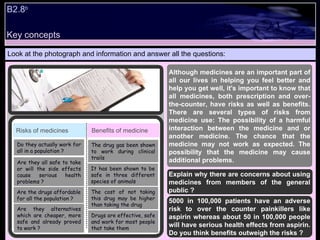 B2.8 b Look at the photograph and information and answer all the questions: Risks of medicines Benefits of medicine Explain why there are concerns about using medicines from members of the general public ?  Do they actually work for all in a population ? Are they all safe to take or will the side effects cause serious health problems ? Are the drugs affordable for all the population ? Are they alternatives which are cheaper, more safe and already proved to work ? The drug gas been shown to work during clinical trails It has been shown to be safe in three different species of animals The cost of not taking this drug may be higher than taking the drug Although medicines are an important part of all our lives in helping you feel better and help you get well, it's important to know that all medicines, both prescription and over-the-counter, have risks as well as benefits. There are several types of risks from medicine use: The possibility of a harmful interaction between the medicine and or another medicine. The chance that the medicine may not work as expected. The possibility that the medicine may cause additional problems. 5000 in 100,000 patients have an adverse risk to over the counter painkillers like aspirin whereas about 50 in 100,000 people will have serious health effects from aspirin. Do you think benefits outweigh the risks ? Drugs are effective, safe and work for most people that take them Key concepts 