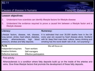 B2.11  Causes of disease in humans Decide whether the following statements are true or false: Lesson objectives: Understand how scientists can identify lifestyle factors for lifestyle disease Understand the evidence required to prove a causal link between a lifestyle factor and a lifestyle disease Literacy: Lifestyle factors, disease, risk, disease, lung cancer, stroke, heart attack, diabetes, obesity, atherosclerosis, high blood pressure, strokes and fatty deposits. Friday 21 October 2011 Numeracy: It is estimated that over 35,000 deaths here in the UK every year are caused by heart disease alone. Scotland with its ‘deep fried mars bars’ culture, heavy drinking and smoking has the worst death rate of all...not surprising ! First activity: Atherosclerosis is a condition where fatty deposits build up on the inside of the arteries and veins. Give three lifestyle factors that promote the development of these fatty deposits. PLTS Independent enquirers Creative thinkers Reflective learners We will focus on Team workers Effective participators Self managers 