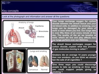 B2.11 a Look at the photograph and information and answer all the questions: Your lungs exchange oxygen for carbon dioxide between the alveoli tissue and your red blood cells. In addition to smoking, your lungs can be damaged by your place of work or even where you live. Our lungs take in over fifty litres of air every minute of the day. The quality of the air we breathe at work, where we live and play affects how our lungs perform over our lifetimes.  The alveoli tissue exchanges oxygen for carbon dioxide...explain what this process of gas molecules moving is called ? Lungs and smoking Normal Cancerous Anatomy of lungs Smokers die on average 14 years younger than non smokers...do you think we should ban the sale of all cigarettes ? Give three ways you could discourage people to take up smoking an three ways you could support people giving up smoking ? Key concepts Capillaries Bronchioles Alveolus Alveoli 